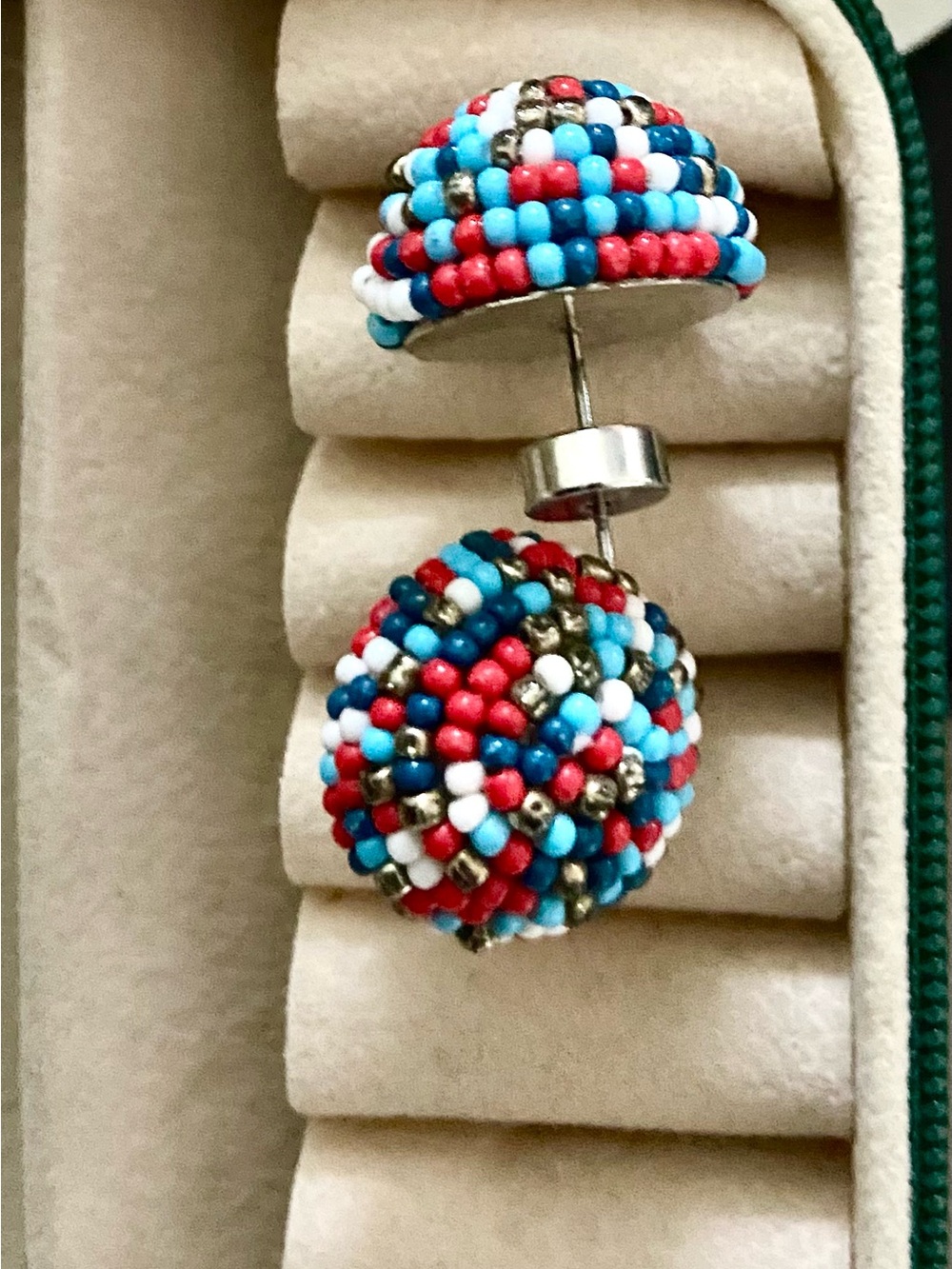 Beaded Ball Earrings - Red, Blue & White lil gold